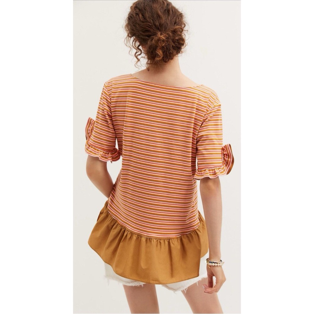 Women's Maeve Anthropologie Ruffled Peplum Top Blouse XS Neutral Motif Striped